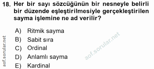 18. soru: Her bir sayı sözcüğünün bir nesneyle belirli bir düzende eşleştirilmesiyle gerçekleştirilen sayma işlemine ne ad veri…