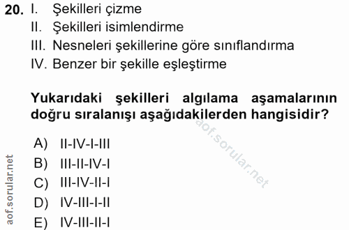 20. soru: I. Şekillerı çizme II. Şekilleri isimlendirme III. Nesneleri şekillerine göre sınıflandırma IV. Benzer bir şekille eş…