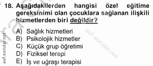 18. soru: Aşağıdakilerden hangisi özel eğitime gereksinimi olan çocuklara sağlanan ilişkili hizmetlerden biri değildir? A) Sağl…