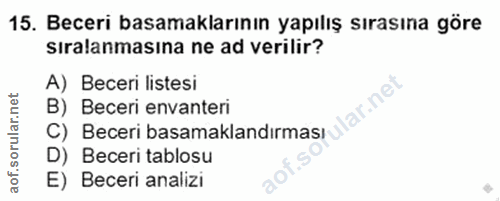 15. soru: Beceri basamaklarının yapılış sırasına göre siralanmasına ne ad verilir? A) Beceri listesi lar.net B) Beceri envanter…