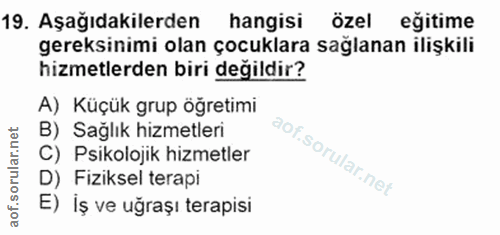 19. soru: Aşağıdakilerden hangisi ÖZel eğitime gereksinimi olan çocuklara sağlanan ilişkili hizmetlerden biri değildir? A) Küçü…