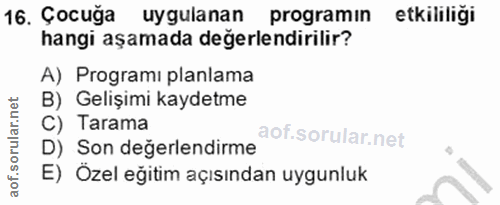 16. soru: Çocuğa uygulanan programin etkililiği hangi aşamada değerlendirilir? A) Programı planlama B) Gelişimi kaydetme C) Tar…
