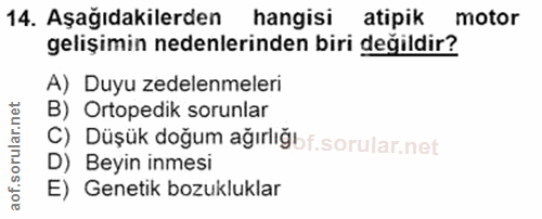 14. soru: Aşağıdakilerden hangisi atipik motor gelişimin nedenlerinden biri değildir? A) Duyu zedelenmeleri B) Ortopedik sorunl…