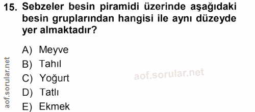 15. soru: Sebzeler besin piramidi üzerinde aşağıdaki besin gruplarından hangisi ile aynı düzeyde yer almaktadır? A) Meyve B) Ta…