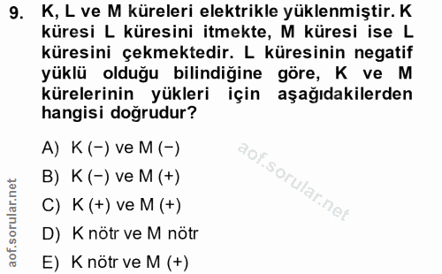 9. soru: K, L ve M küreleri elektrikle yüklenmiştir. K küresi L küresini itmekte, M küresi ise L küresini çekmektedir. L küres…