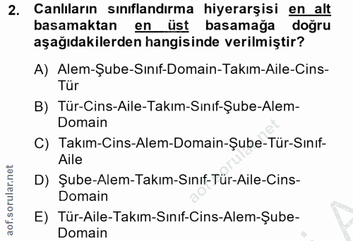 2. soru: Canlıların sınıflandırma hiyerarşisi en alt basamaktan en üst basamağa doğru aşağıdakilerden hangisinde verilmiştir?…