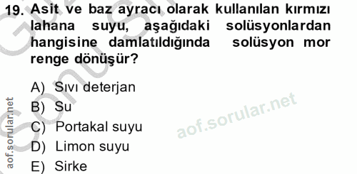 19. soru: Asit ve baz ayracı olarak kullanılan kırmızı lahana suyu, aşağıdaki solüsyonlardan hangisine damlatıldığında solüsyon…