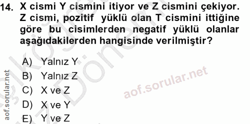 14. soru: X cismi Y cismini itiyor ve Z cismini çekiyor. Z cismi, pozitif yüklü olan T cismini ittiğine göre bu cisimlerden neg…