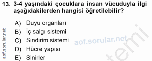 13. soru: 3-4 yaşındaki çocuklara insan vücuduyla ilgi aşağıdakilerden hangisi öğretilebilir? A) Duyu organları B) Iç salgı sis…
