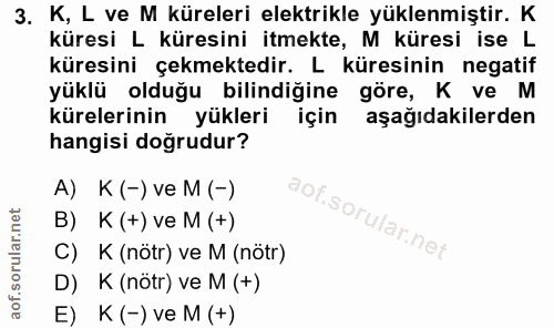 3. soru: K, L ve M küreleri elektrikle yüklenmiştir. K küresi L küresini itmekte, M küresi ise L küresini çekmektedir. L küres…