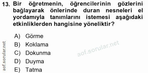 13. soru: Bir öğretmenin, öğrencilerinin gözlerini bağlayarak önlerinde duran nesneleri el yordamıyla tanımlarını istemesi aşağ…