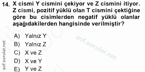 14. soru: X cismi Y cismini çekiyor ve Z cismini itiyor. Z cismi, pozitif yüklü olan T cismini çektiğine göre bu cisimlerden ne…