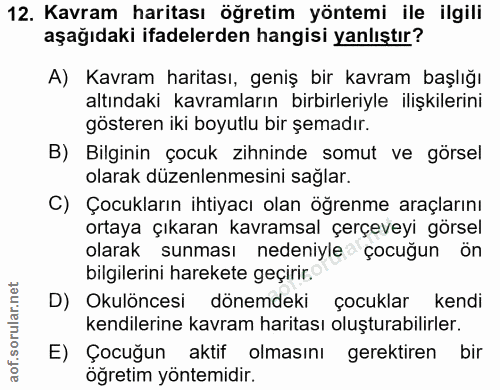 12. soru: Kavram haritası öğretim yöntemi ile ilgili aşağıdaki ifadelerden hangisi yanlıştır? A) Kavram haritası, geniş bir kav…