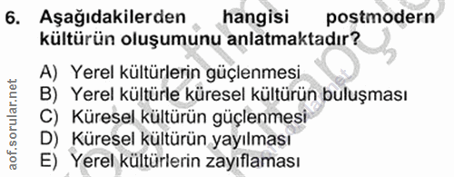 6. soru: Aşağıdakilerden, hangisi postmodern kültürün oluşumunu anlatmaktadır? A) Yerel kültürlerin güçlenmesi B) Yerel kültür…