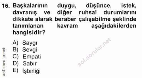 16. soru: Başkalarının duygu, düşünce, istek, davranış ve diğer ruhsal durumlarını dikkate alarak beraber çalışabilme şeklinde…