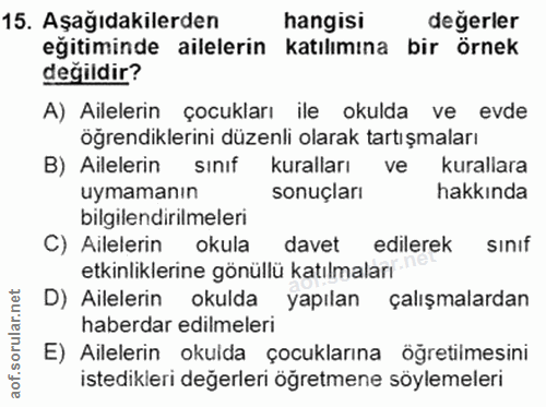 15. soru: Aşağıdakilerden hangisi değerler eğitiminde ailelerin katılımına bir örnek değildir? A) Ailelerin çocukları ile okuld…