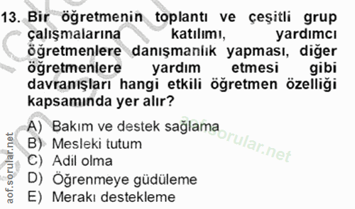 13. soru: Bir öğretmenin toplantı ve çeşitli grup çalışmalarına katılımı, yardımcı öğretmenlere danışmanlık yapması, diger öğre…