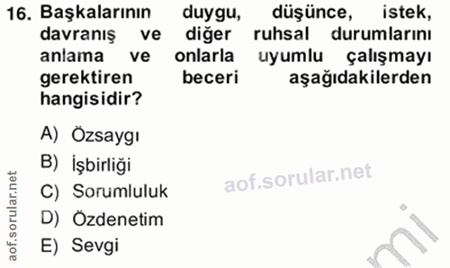 16. soru: Başkalarının duygu, düşünce, istek, davranış ve diger ruhsal durumlarını anlama ve onlarla uyumlu çalışmayı gerektire…