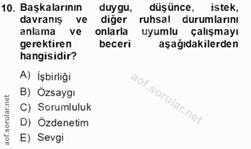 10. soru: Başkalarının duygu, düşünce, istek, davranış ve diger ruhsal durumlarını anlama ve onlarla uyumlu çalışmayı gerektire…