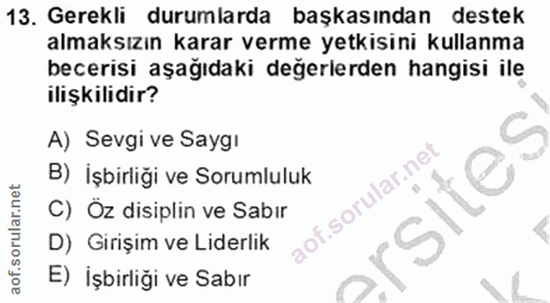 13. soru: Gerekli durumlarda başkasından destek almaksızın karar verme yetkisini kullanma becerisi aşağıdaki değerlerden hangis…
