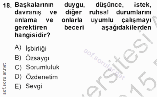 18. soru: Başkalarının duygu, düşünce, istek, davraniş ve diğer ruhsal durumlarını aniama ve onlarla uyumlu çalışmayı gerektire…