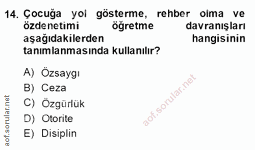 14. soru: Çocuğa yoi gösterme, rehber olma ve özde netimi aşağıdakilerden hangisinin tanımlanmasında kullanılır? A) Özsaygı B)…