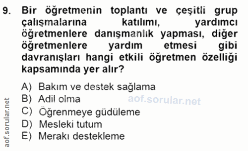 9. soru: Bir ögretmenin toplantı ve çeşitli grup çalışmalarına katılımı, yardımcı öğretmenlere danışmanlık yapması, diğer ogre…