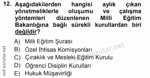 12. soru: Aşağıdakilerden hangisi aylık çıkan yönetmeliklerle oluşumu ve çalışma yöntemleri düzenlenen Milli Eğitim Bakanlığına…