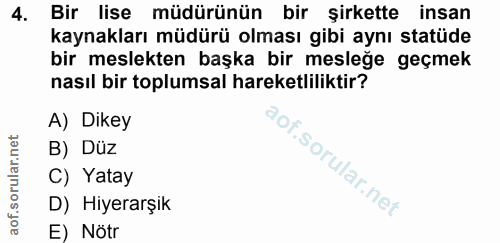 4. soru: Bir lise müdürünün bir şirkette insan kaynakları müdürü olması gibi aynı statüde bir meslekten başka bir mesleğe geçm…