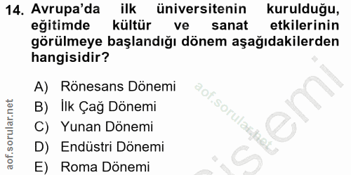 14. soru: Avrupa'da ilk üniversitenin kurulduğu, eğitimde kültür ve sanat etkilerinin görülmeye başlandığı dönem aşağıdakilerde…