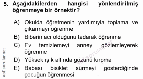 5. soru: Aşağıdakilerden hangisi yönlendirilmiş öğrenmeye bir örnektir? A) Okulda öğretmenin yardımıyla toplama ve çıkarmayı ö…