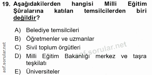 19. soru: Aşağıdakilerden hangisi Milli Eğitim Şüralarına katılan temsilcilerden biri değildir? A) Belediye temsilcileri B) Öğr…