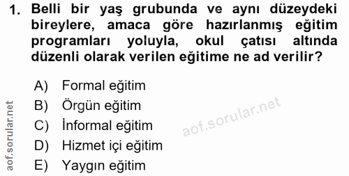1. soru: Belli bir yaş grubunda ve aynı düzeydeki bireylere, amaca göre hazırlanmış egitim programları yoluyla, okul çatısı al…