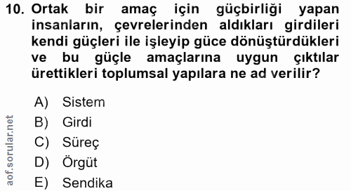 10. soru: Ortak bir amaç için güçbirliği yapan insanların, çevrelerinden aldıkları girdileri kendi güçleri ile işleyip güce dön…