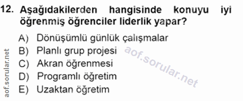 12. soru: Aşağıdakilerden hangisinde konuyu iyi öğrenmiş öğrenciler liderlik yapar? A) Dönüşümlü günlük çalışmalar B) Planli gr…