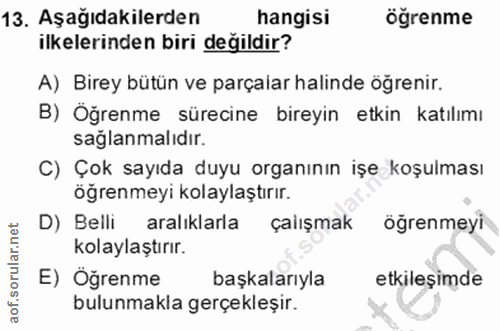 13. soru: Aşağıdakilerden hangisi ögrenme ilkelerinden biri değildir? A) Birey bütün ve parçalar halinde öğrenir. B) Öğrenme sü…