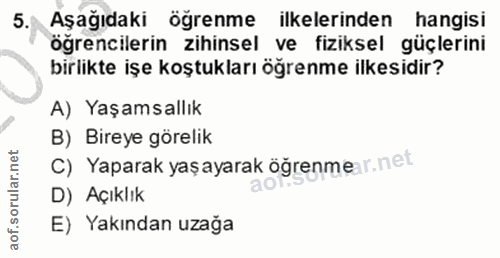 5. soru: Aşağıdaki ögrenme ilkelerinden hangisi öğrencilerin zihinsel ve fiziksel güçlerini birlikte işe koştukları öğrenme il…