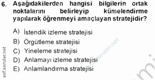 6. soru: Aşağıdakilerden hangisi bilgilerin ortak noktalarını belirleyip kümelendirme yapılarak öğrenmeyi amaçlayan stratejidi…