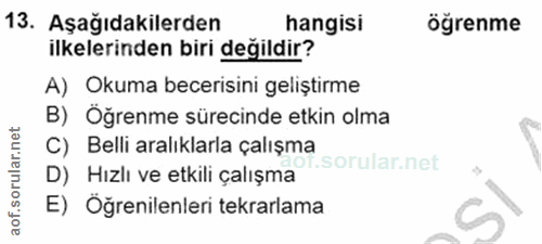 13. soru: Aşağıdakilerden hangisi ögrenme ilkelerinden biri degildir? A) ' Okuma becerisini geliştirme B) Öğrenme sürecinde etk…