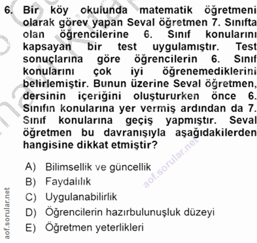 6. soru: Bir köy okulunda matematik öğretmeni olarak görev yapan Seval öğretmen 7. Sinıfta olan ögrencilerine 6. Sınıf konular…