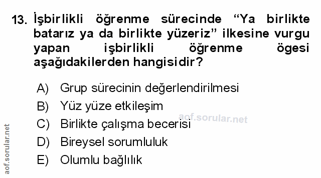 13. soru: Işbirlikli öğrenme sürecinde "Ya birlikte batarız ya da birlikte yüzeriz" ilkesine vurgu yapan İşbirlikli ögrenme öge…