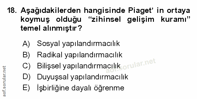 18. soru: Aşağıdakilerden hangisinde Piaget' in ortaya koymuş olduğu "zihinsel gelişim kuramı" temel alınmıştır? A) Sosyal yapı…