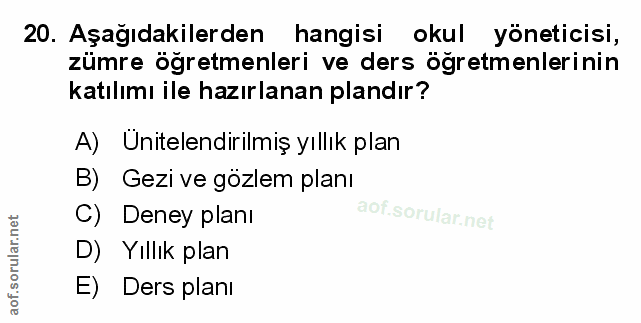 20. soru: Aşağıdakilerden hangisi okul yöneticisi, zümre ögretmenleri ve ders ögretmenlerinin katılımı ile hazırlanan plandır?…