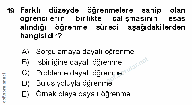 19. soru: Farklı düzeyde öğrenmelere sahip olan ögrencilerin birlikte çalışmasının esas alındığı öğrenme süreci aşağıdakilerden…