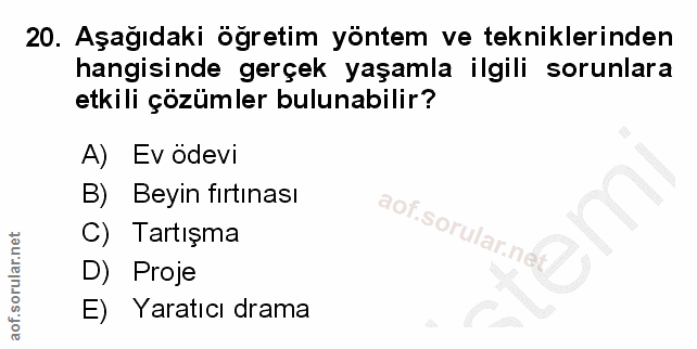 20. soru: Aşağıdaki öğretim yöntem ve tekniklerinden hangisinde gerçek yaşamla ilgili sorunlara etkili çözümler bulunabilir? A)…