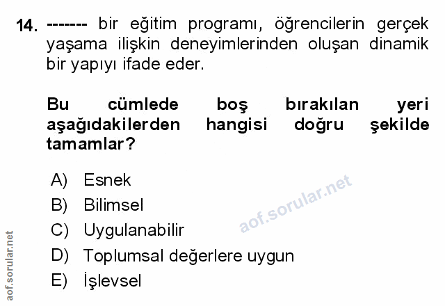 14. soru: -- bir egitim programı, ögrencilerin gerçek yaşama ilişkin deneyimlerinden oluşan dinamik bir yapıyı ifade eder. Bu c…