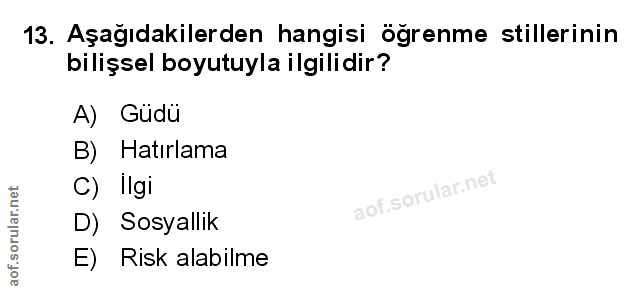 13. soru: Aşağıdakilerden hangisi öğrenme stillerinin bilişsel boyutuyla ilgilidir? A) Güdü B) Hatırlama C) Ilgi D) Sosyallik E…