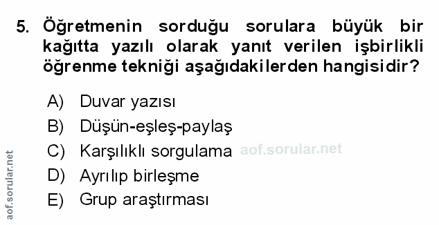 5. soru: Öğretmenin sorduğu sorulara büyük bir kağıtta yazılı olarak yanıt verilen işbirlikli öğrenme tekniği aşağıdakilerden…