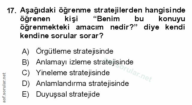 17. soru: Aşağıdaki öğrenme stratejilerden hangisinde öğrenen kişi "Benim bu konuyu öğrenmekteki amacım nedir?" diye kendi kend…