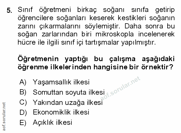 5. soru: Sınıf ogretmeni birkaç soğanı sınıfa getirip öğrencilere soğanları keserek kestikleri soğanın zarını çıkarmalarını sö…